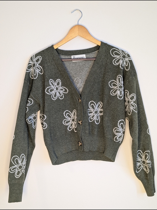 No Boundaries Sweaters - No Boundaries Olive Green Floral Knit Button-Front Cardigan